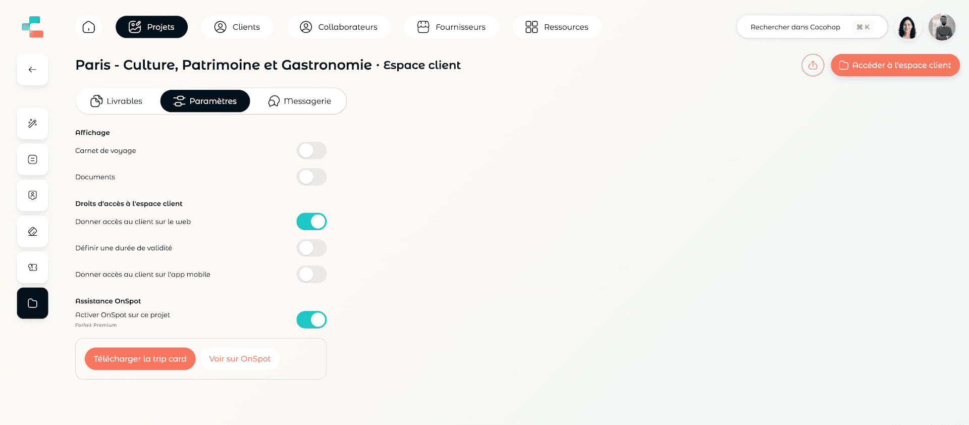 Les paramètres d'un projet Cocohop, avec la section Assistance OnSpot activée et les boutons Télécharger la trip card et Voir sur OnSpot